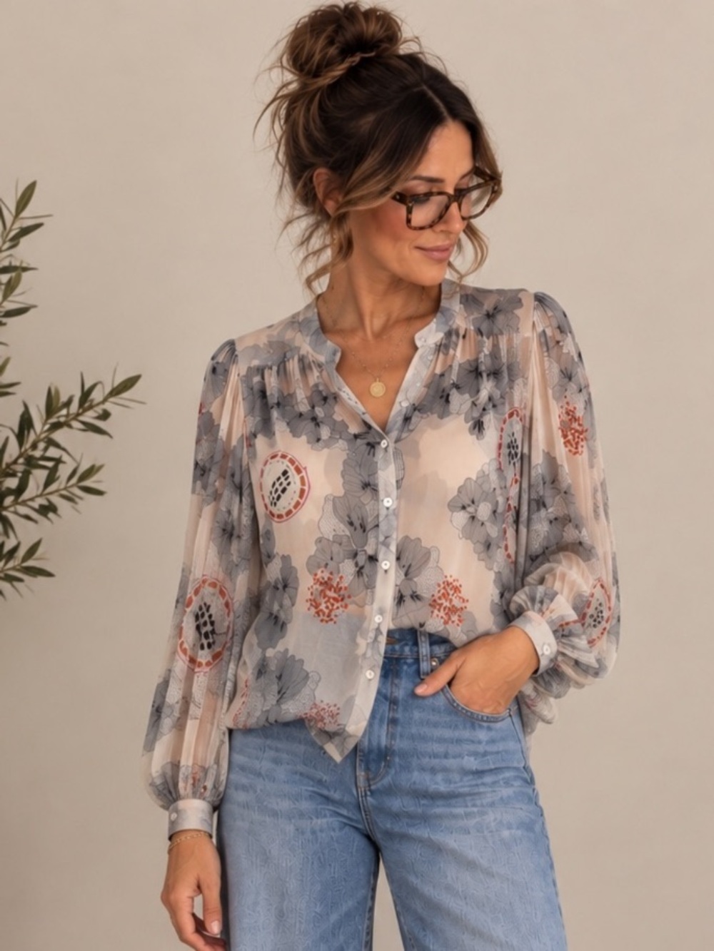 Anthropologie Pyrus London Linnea Long Sleeve Silk Floral Button-Front Blouse